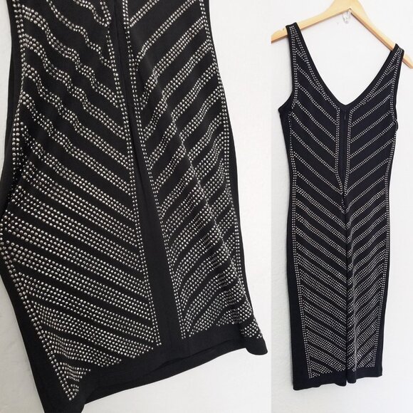 Carmen Marc Valvo Black Sparkly Rhinestone Stud Bodycon Dress S $118 Stretchy - Picture 9 of 13